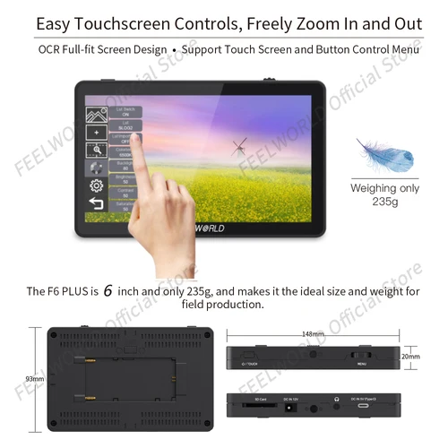 FEELWORLD 카메라 DSLR 필드 모니터, 6 인치, 3D LUT 터치 스크린, IPS FHD 1920x1080 비디오 초점 보조, 4K HDMI 지원, F6 PLUS V2 3