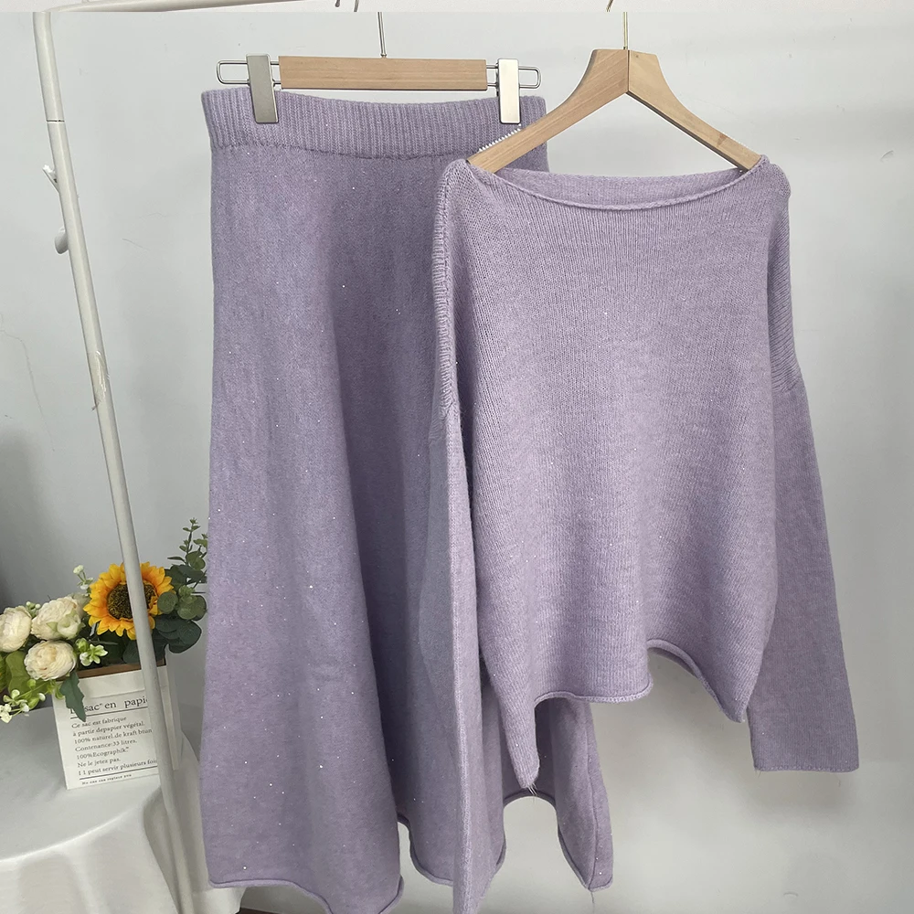 Sexy Soft Elegant Vintage Women Suits 2 Pieces Female Sets Slash Neck Sweater & Midi Dress Bling Knitted TrackSuit