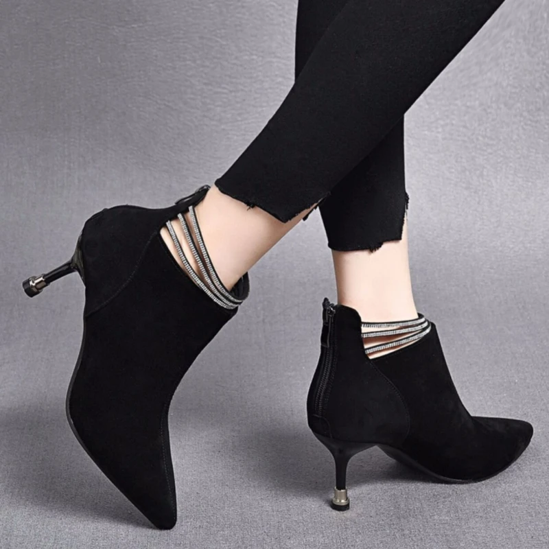 

Женские ботильоны с острым носком, Замшевые полусапожки на высоком каблуке, на молнии сзади, на тонком каблуке, Осень-зима 2024