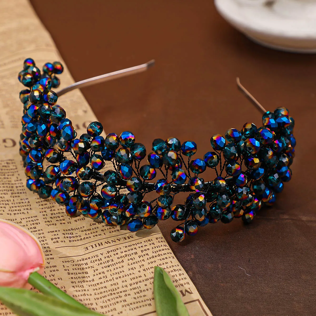 Trendy Crystal Bridal Crown fascia per capelli Party copricapo rosso fatto a mano diademi argento blu accessori per capelli da sposa copricapo nero