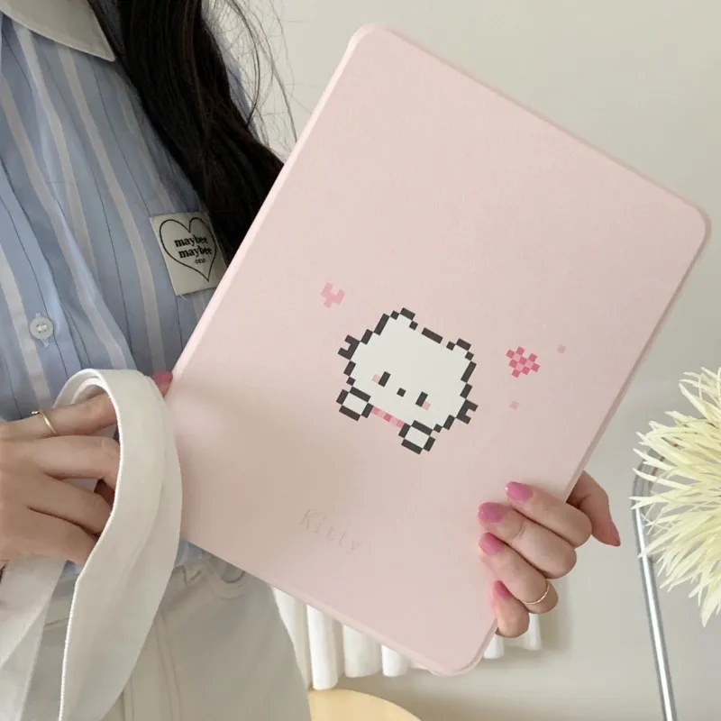 Kawaii Pixel Kitty Cat iPad Case with 360 Rotating Stand and Pencil Holder