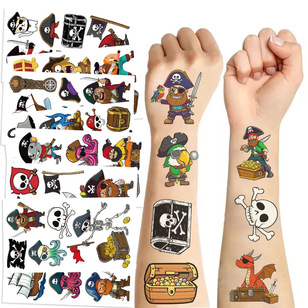10Pcs Cartoon Pirate Treasure Gold Temporary Tattoos Sticker Skeleton Pirate Tattoos For Girls Boys Birthday Party Supplies tattoo sticker temporary tattoos