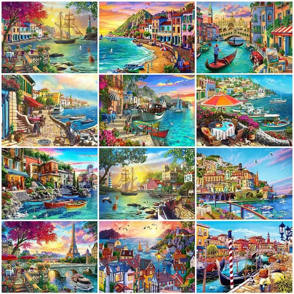 

Diamond Painting By the Sea City Full Drill Diamond Embroidery New 2023 Landscape City Mosaic Cross Embroidery Home Decoration