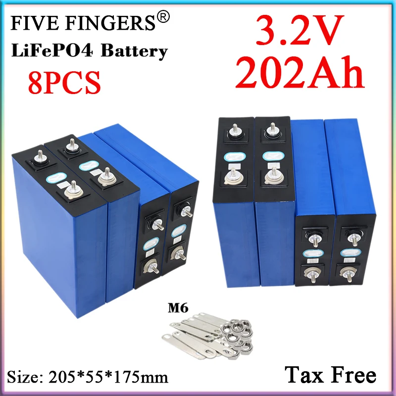 

8PCS Original 3.2V 200Ah 202Ah Lifepo4 Battery Rechargeable 3C High Power DIY 12V 24V Inverter Solar Storage RV Golf Cart Cells