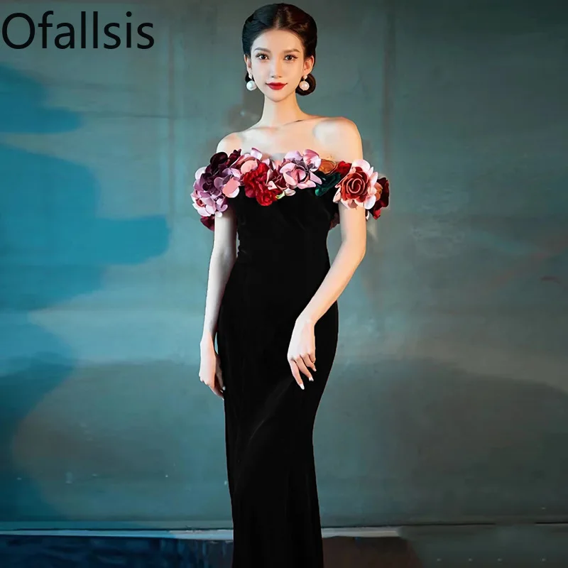 

Ofallsis Off Shoulder Black Evening Dress 2024 New Fish Tail High End Light Luxury Sexy Engagement Banquet Host Dresses Female
