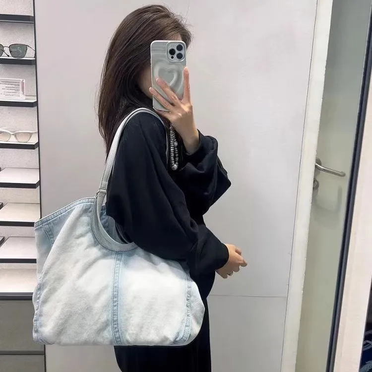 Casual Denim Canvas Messenger Bags For Women Lage Capacity Tote Bag Simple Solid Female Shopper Shoulder Bag Handbags