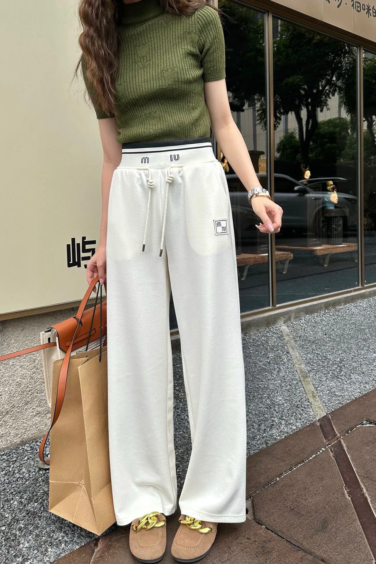 

MM Family 2024 New Drawstring Elastic Letter Double Waist Head Small Design Versatile Casual Pants Straight Tube Pants For Women