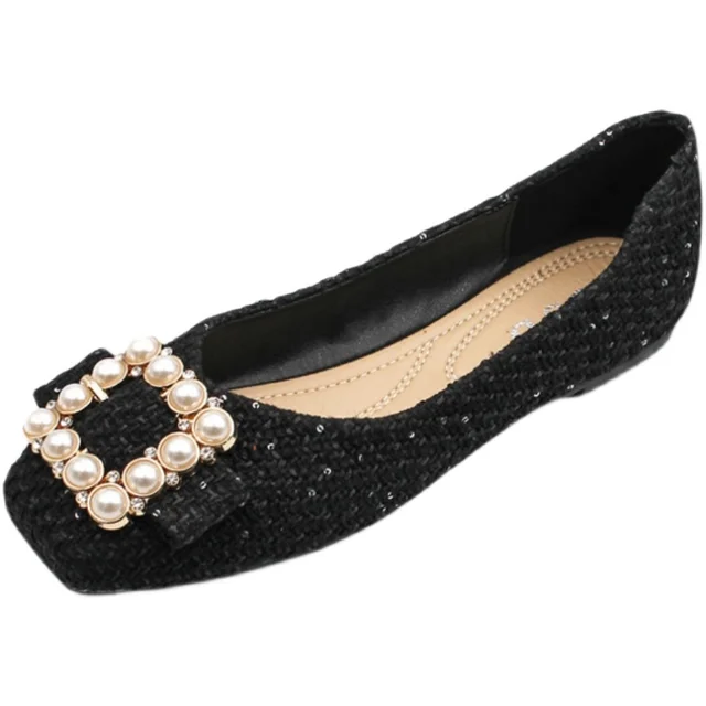 Wedding Flat Heels for Women Black Flats Square Head Pearls Rhinestones Soft Sole Spring Summer Zapatos Planos Scoop Shoes 44 45 5
