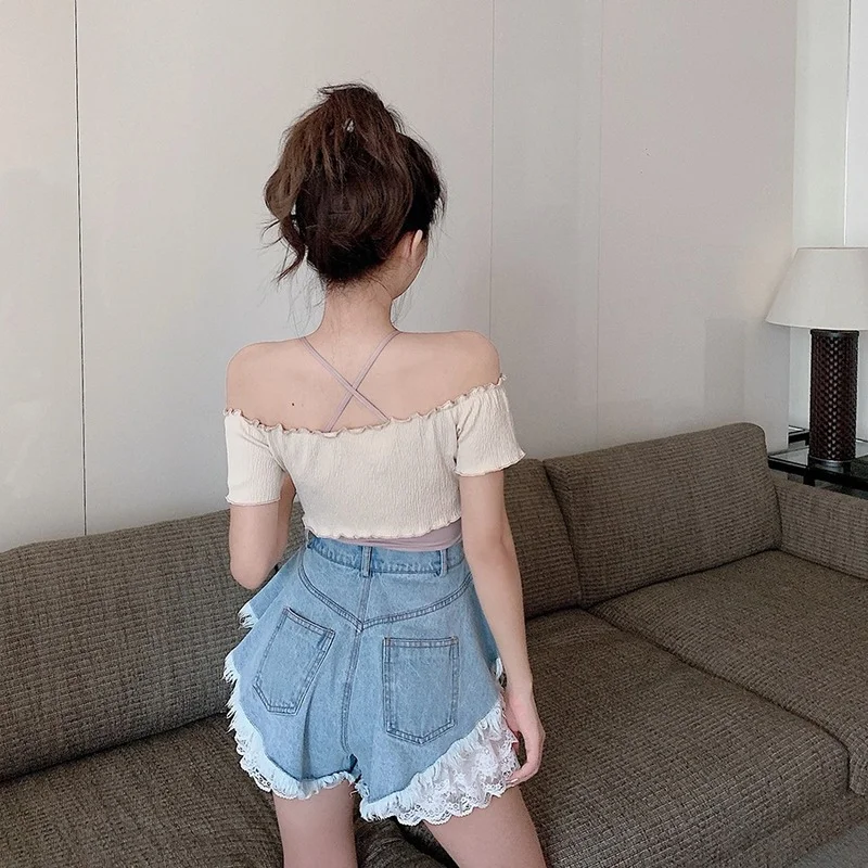 Summer Women's Beach Resort Bohemia Short Jeans Female Decals High Waist Lace Hot Shorts Hole Washed Denim Shorts Female Fashion