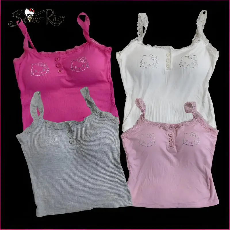 

Hello Kitty Summer Lace Vest for Women Y2K Sexy External Wear Base Tank Slim Suspender with Bra Pads Top Women's Clothing