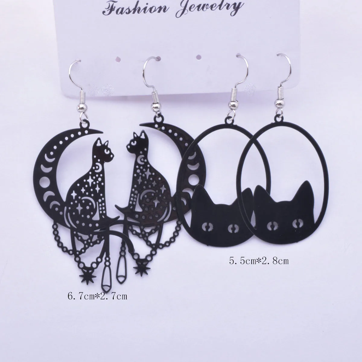 2pairs/set Brass Black Lovely Animal Moon And Cats  Earrings Set Fashion Girl's Hanging Pendant Drop Earrings Jewelry