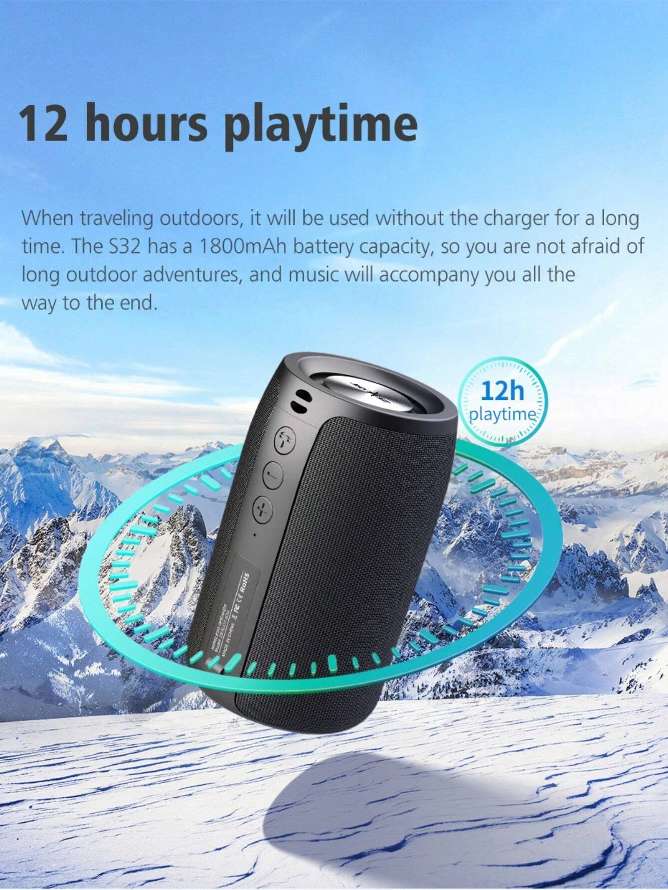Description Picture 6 of itemS32 Bluetooth Speaker Outdoor Portable Bass Speaker, IPX 6 Waterproof, Wireless Speaker for Hiking and Outdoors