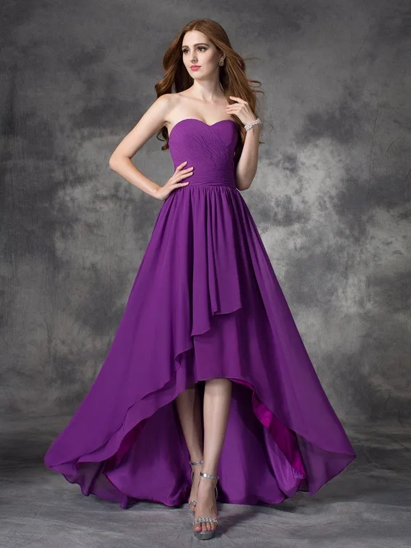 

Elegant Hi-Lo Chiffon Purple Bridesmaid Dresses A-Line Sweetheart Ruffled Backless Wedding Guest Dress for Women