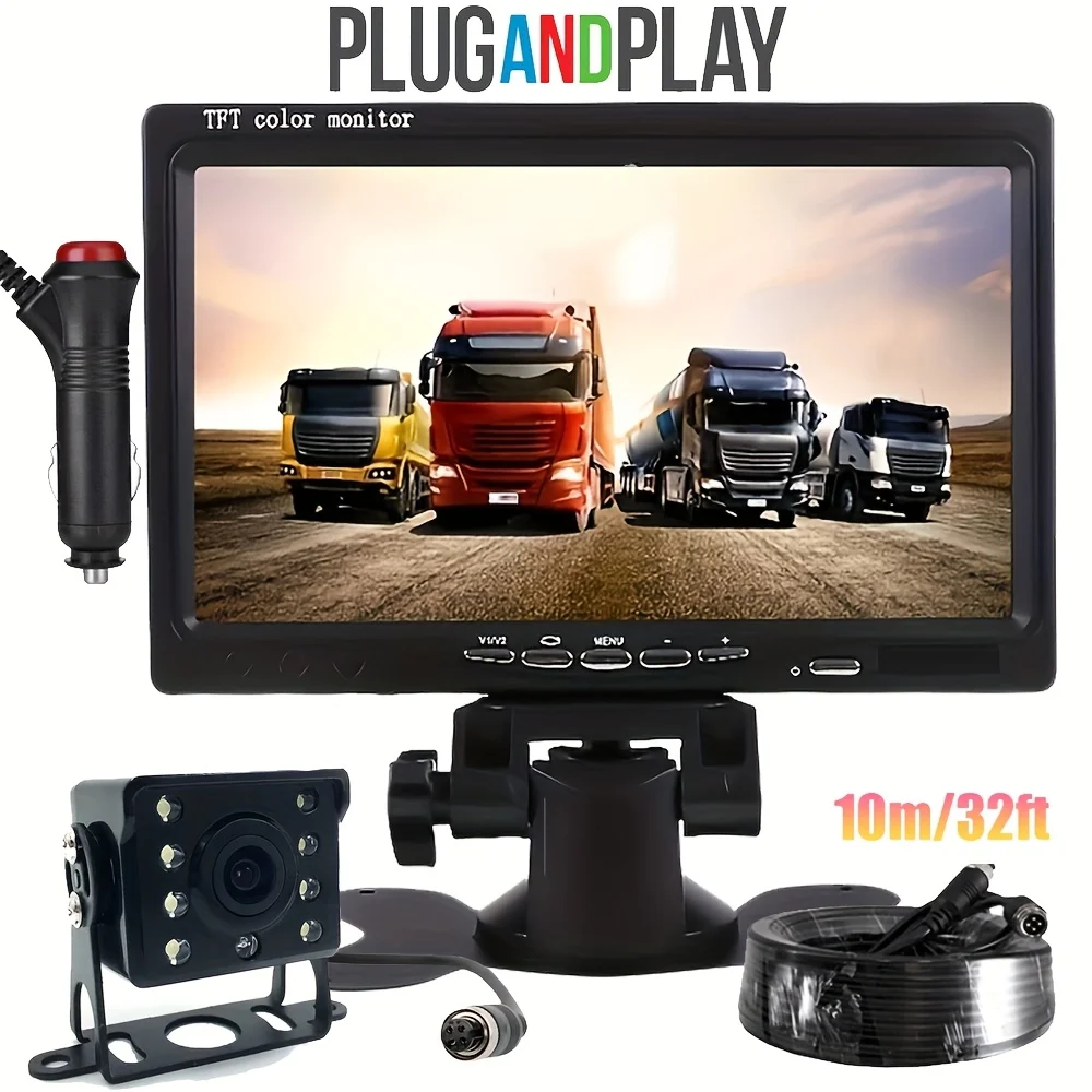 7인치 차량용 모니터 화면 및 후방 카메라 4핀 케이블 10m 트럭 주차 트레일러용 12-24V LED 야간 투시 후방 카메라