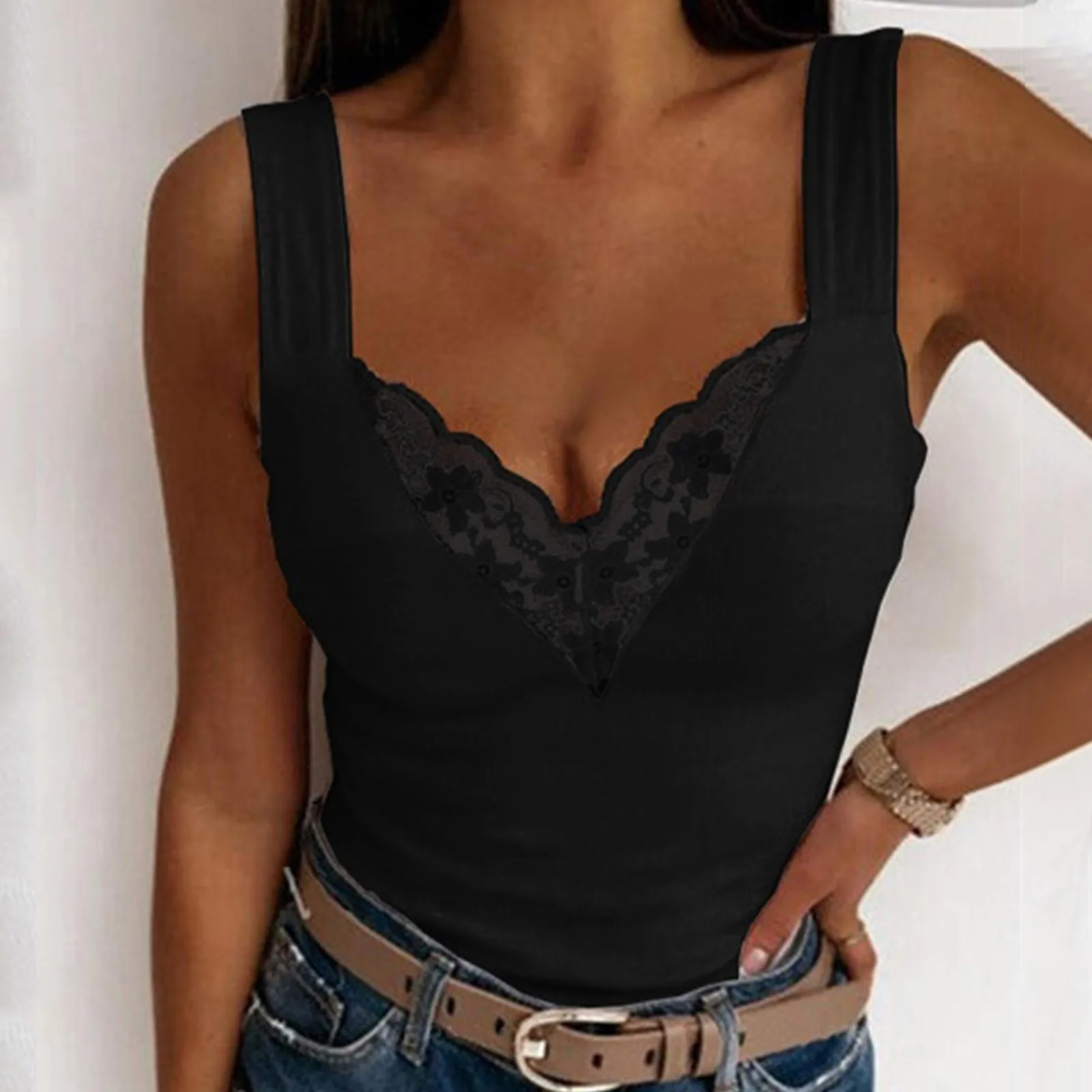 

2024 Fashion Women Sexy Satin Silk V-Neck Lace Strap Top Summer Vest Camisole Crop Tank Tops Casual Shirt Sleeveless T-Shirt