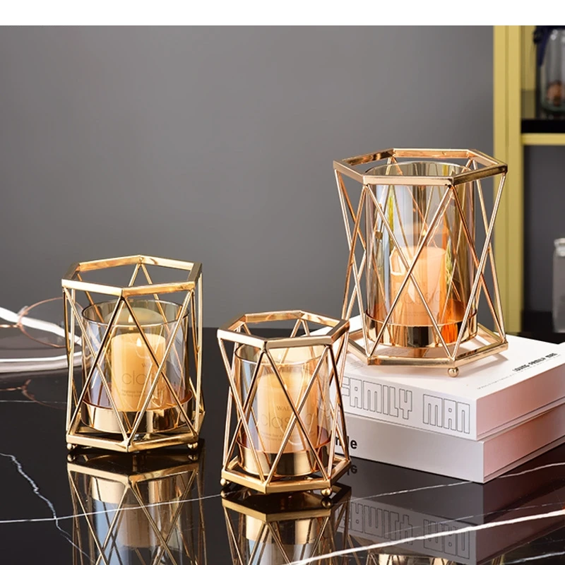 Metal Golden Vase Hexagonal Hydroponic Glass Flowers Pot Decorative Vase/candle Holder Dual-purpose Ornaments Vintage Home Decor
