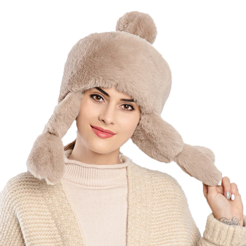 

Solid Colour Plush Russian Caps Winter Thicken Ear Protection Hats Fashion Faux Fur Earflap Cap Fluffy Thermal Pompom Beanie Hat