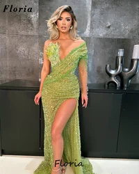 Aso Ebi Green Sequins Prom Dresses One Shoulder Beaded Female Split Side Evening Dresses Engagement Dress Robes Dubai Party Gown