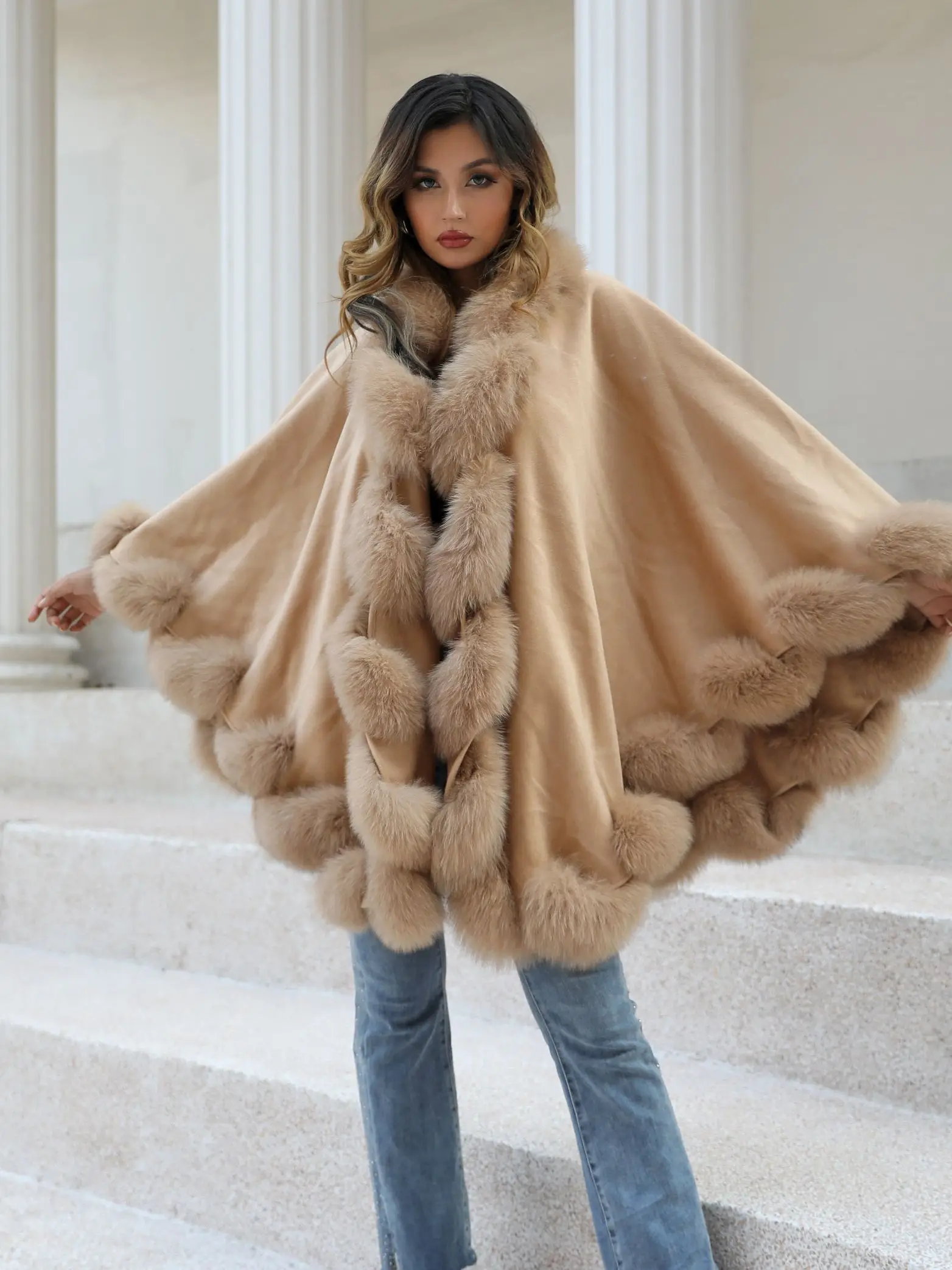 

JANEFUR Cashmere Poncho Cape with Real Fox Fur 2023 New Fashion Luxury Soft Wool Cloak Elegant Ladies Winter Coat