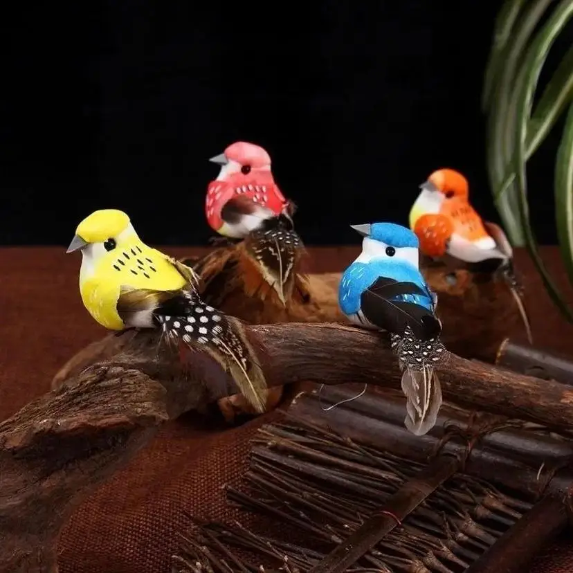 12 Pcs/box Handmade Simulation Pearl Hair Bird Creative Feather Bird With Claw Iron Wire Garden Decoration