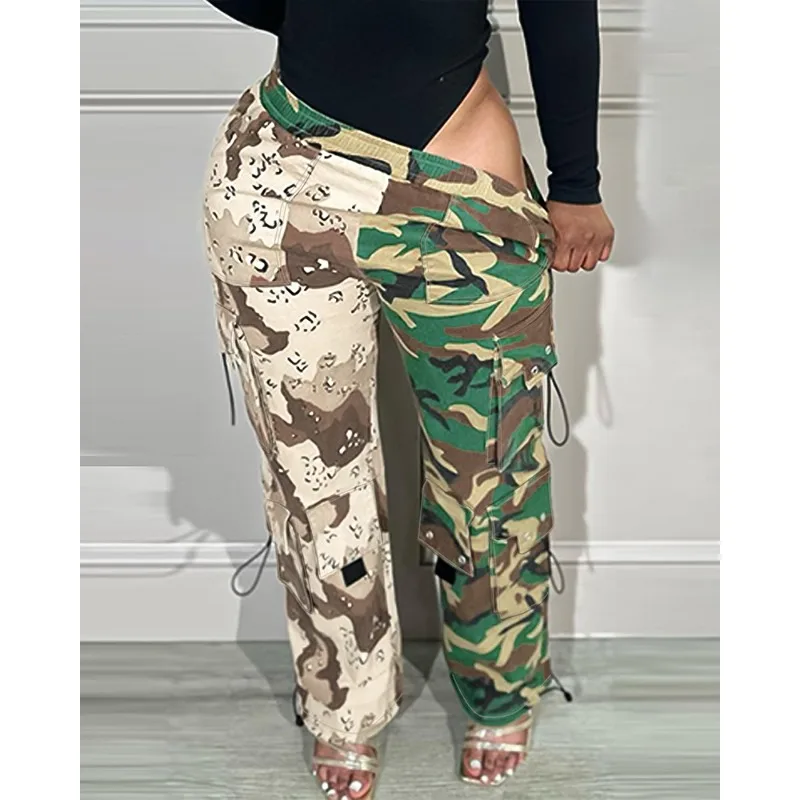 

2024 Spring New Women's Camouflage Stretch Cotton Diagonal Cloth High Waist Tooling Pants
