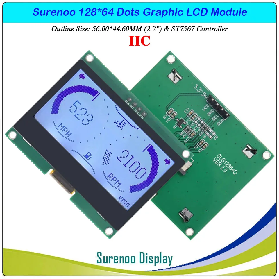 Surenoo 2.2" 12864 128X64 IIC I2C ST7567S COG Graphic LCD Module Display Screen LCM Panel with LED Backlight