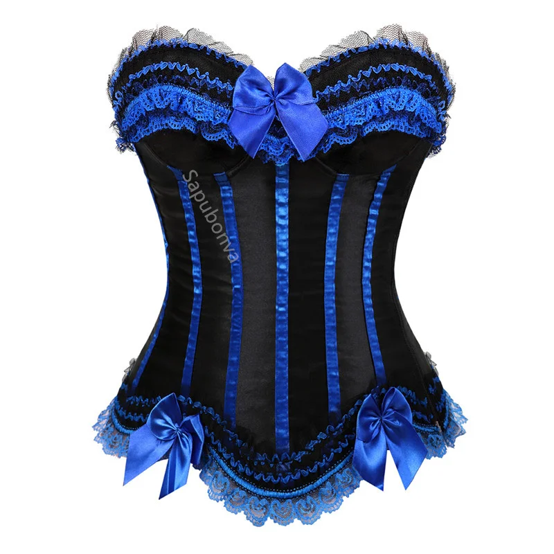 Sapubonva Lace up corsets bustiers top sexy satin overbust corset striped ladies satin halloween big size red black pink korsett