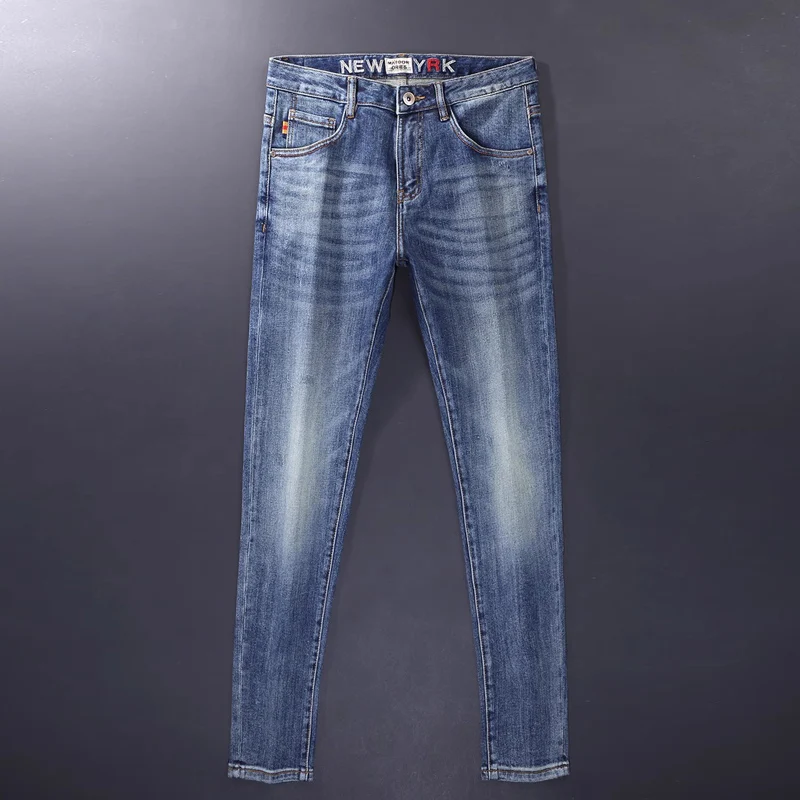 Fashion Vintage Men Jeans High Quality Retro Washed Blue Elastic Slim Jeans Men Trousers Embroidery Designer Denim Pants Hombre