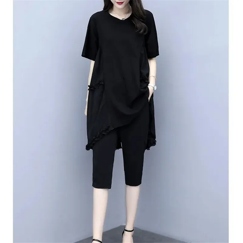 Summer Suit Loose Fashion Two Piece Set Women Short sleeve Patchwork Long Tops And Pants Black Lace 2 Piece Set A1045