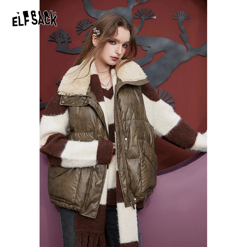 ELFSACK Brown Cotton Vest Women 2023 Winter Vintage Loose Warm Outwears