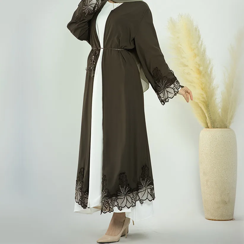 Women's Muslim Abaya Dress, Lace Trimmed Cardigan Robe, Monochromatic, Middle East, Islam, Dubai, Abaya