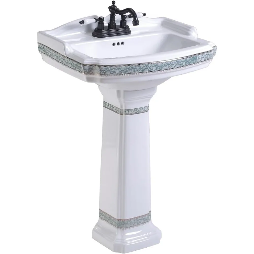 Pedestal Sinks for Bathrooms Wide White Porcelain Bathroom Pedestal Wall Mounted Sink with Green Gold Accent 4