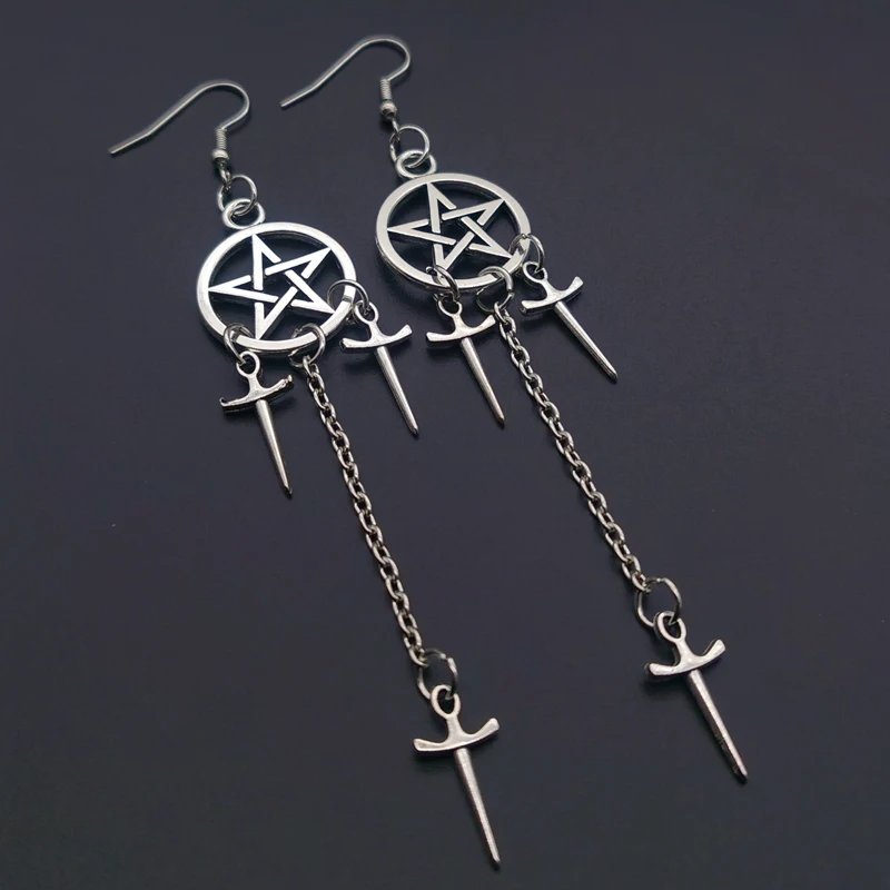 

Pentagram Swords Earrings Silver Plated Huggie Hoops Dangle Witchy Jewelry Pagan Wiccan Tarot Gothic Emo Women Gift