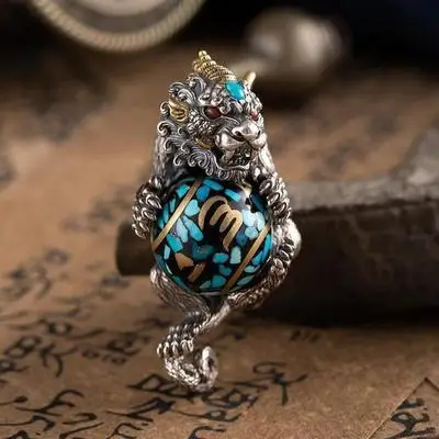 

charming Jamuni's six character mantra tibet silver Rotating Pine Stone Pearl buddha Vajra pestle luck pendant