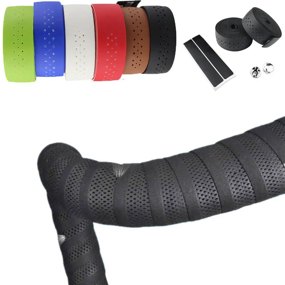 Bicycle Handlebar Tape Mountain Road Bike PU Leather Perforated Belt With 2 Plugs Breathable Handle Bar Wrap Straps