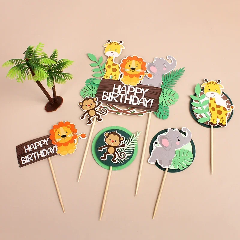 Wild Amimals Cake Topper Safari Jungle Animal Cake Flag Palm Leaves Boy Girl Birthday Party Decoration Kids Party Cake Decor