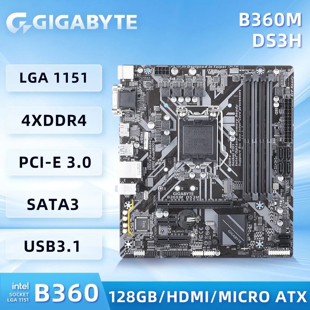 

GIGABYTE B360M DS3H Motherboard Intel B360 Ultra Durable motherboard with GIGABYTE 8118 Gaming LAN PCIe Gen3 x4 M.2 Used Board