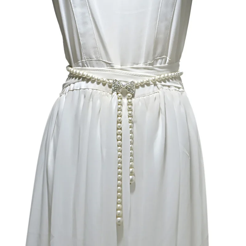 

MYMC Women Pearl Waist Chain Elastic Belt for Dress Fashion Woman Girls WaistBands Sweet Decorative Dress Accessories Thin Belts