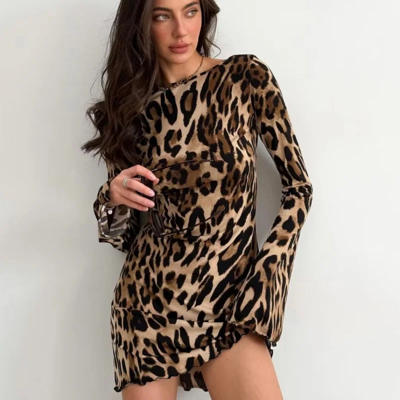 Women Elegant Lace Up Leopard Print Long Sleeve Evening Dress