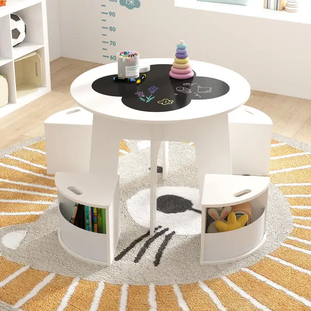 5 PCS Kids Table and Chair Set with Storage Stools for Activity-White