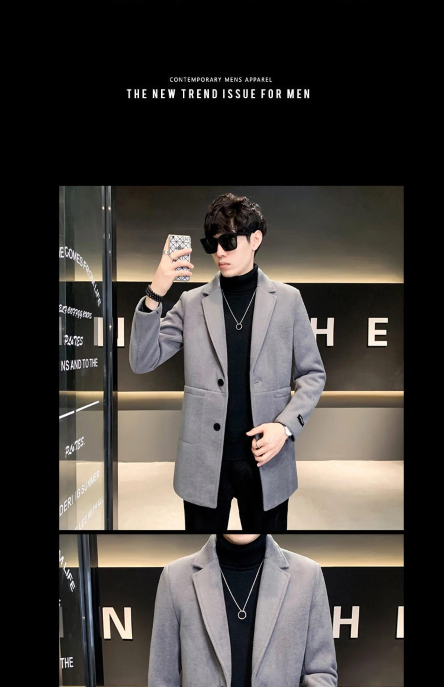 Description Picture 3 of item2023 Men's Windbreaker Jacket Autumn and Winter Wool Coat Pure Color Slim Fashion Long Woolen Large Size 4XL