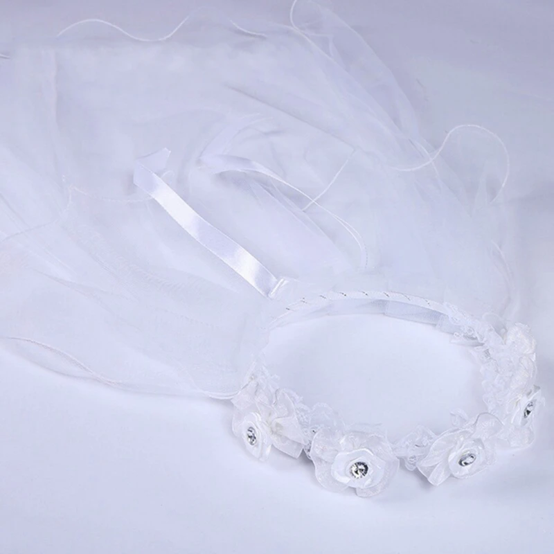 Children Bridal Veil Hairband Double Layers Tulle Flowers Garland Ruffles Floral Lace Wedding Party Wreath bridal veil