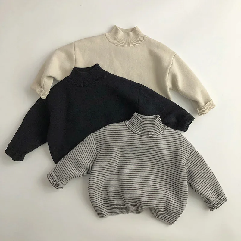 

Children Winter Clothing Girls Sweater Boys Autumn Korean Stripe Pullover Kids Thicken Plush Sweater Fashion Warm Top Clothing