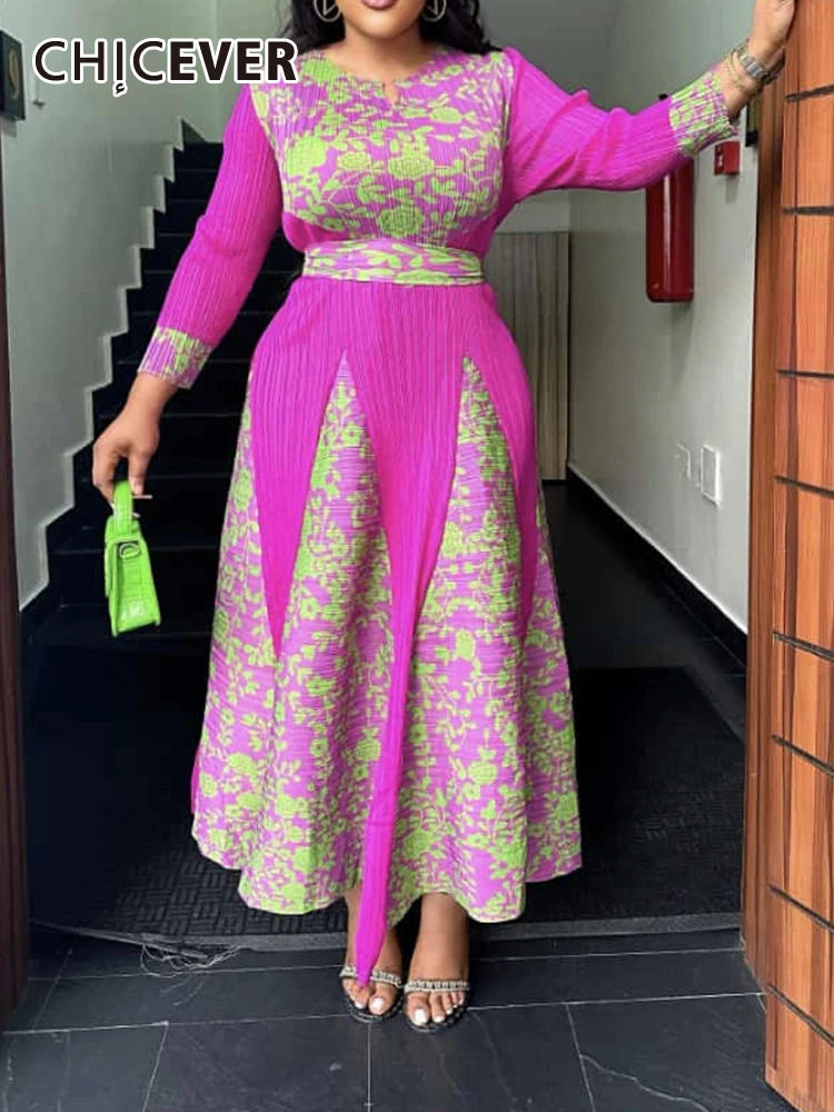 

CHICEVER Hit Color Tunic Dresses For Women Round Neck Long Sleeve High Waist Slimming Print Folds Spring Maxi Dress Female New
