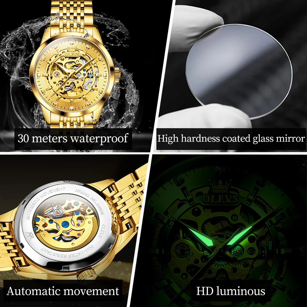 Olevs-relógio de Pulso Mecânico Automático Automático do Esqueleto do Ouro dos Homens Aço Inoxidável Impermeável Relógios Luminosos do Negócio - Image 5