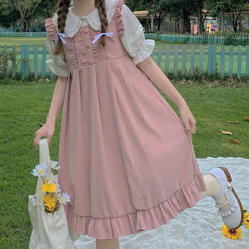 

Kawaii Summer Dress Pink Sweet Lolita Japanese Preppy Style Ruffle Short Dress Two-piece Suit Cute Sundresses Women Sleeveless