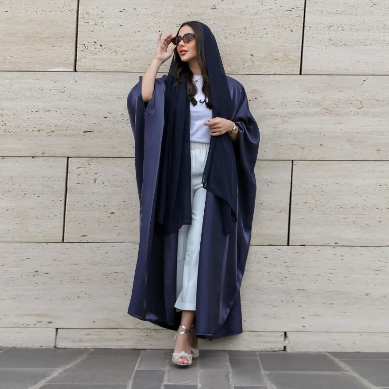 Muslim Fashion Satin Solid Color Batwing Sleeve Robe European and American plus Size Women's Clothes evening dresses