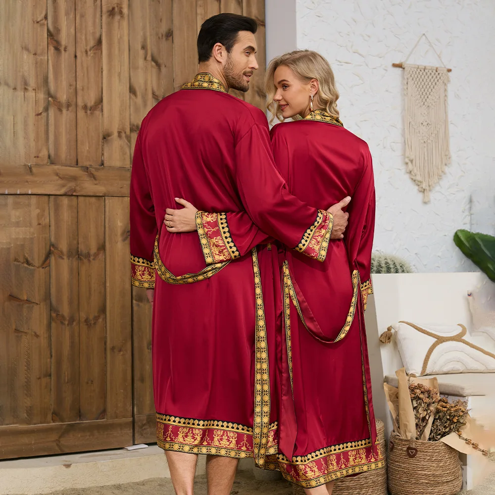 Autumn New Baroque Style Couple Nightgown Long Sleeve Robe Long Morning Robe Luxury Silk Satin Bathrobe Home Clothes