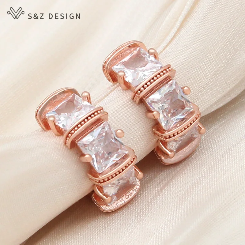 S&Z DESIGN New Fashion 585 Rose Gold Color Square Cubic Zirconia Drop Earrings For Women Wedding Elegant Jewelry Gift