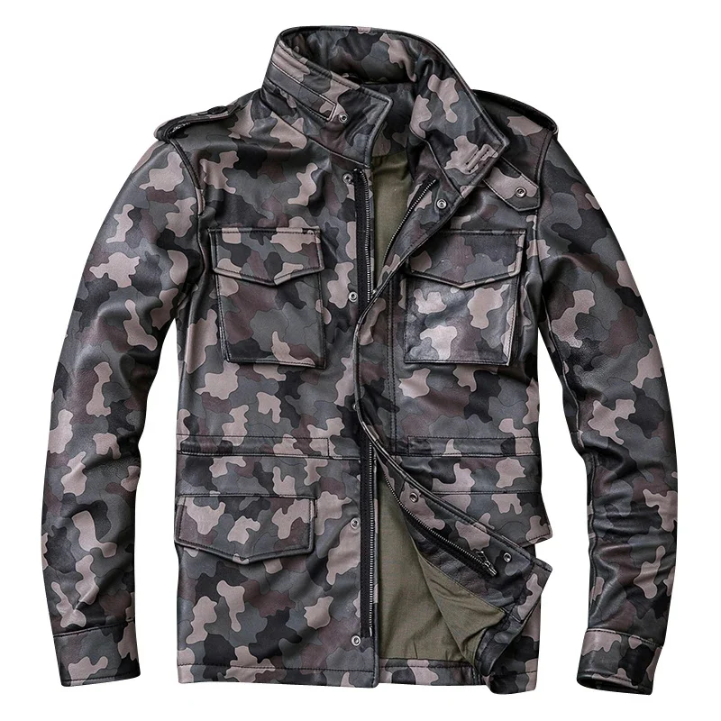 

Fast Free Shipping Men Camouflage Leather Jacket 100% Natural Sheepskin Soft Coat Mens Long Stand Collar Autumn Spring